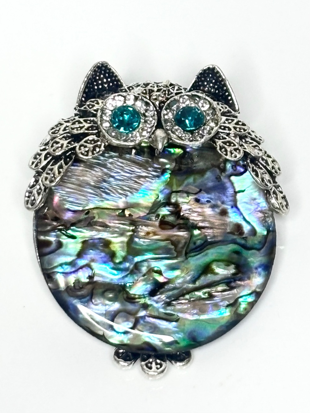 Vintage Abalone Shell Silver Tone Brooch Vibrant Green White Rhinestones